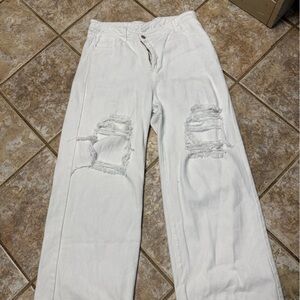 White Distressed Wide-Leg Jeans